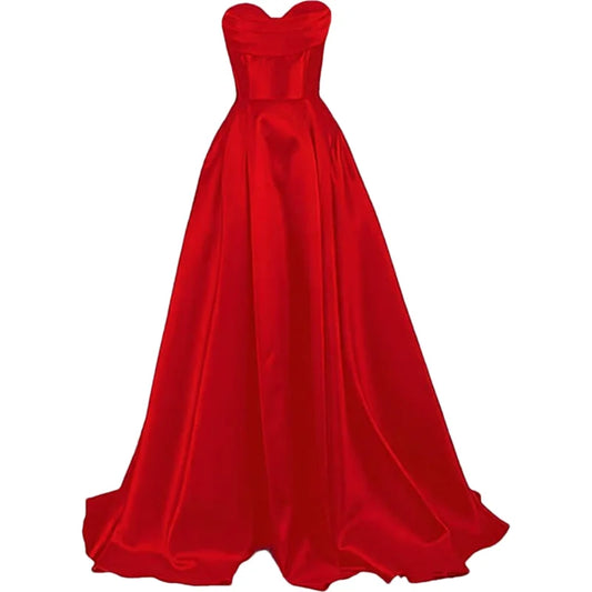 Sweetheart Strapless Pleat Satin Prom Women Long A Line Corset Formal Evening Party Dress w/ Pockets