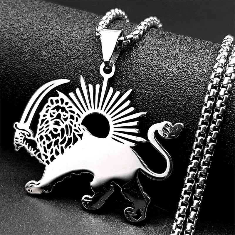 Women Men Stainless Steel Gold Color Arabic Iran Islamic Sword Lion of Persia Shamshir Pendant Necklace