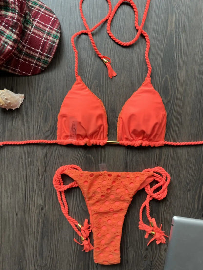 Sexy Split Swimsuit Bikini Hollow Fabric Solid Color Bikini Beach Bathing Suit