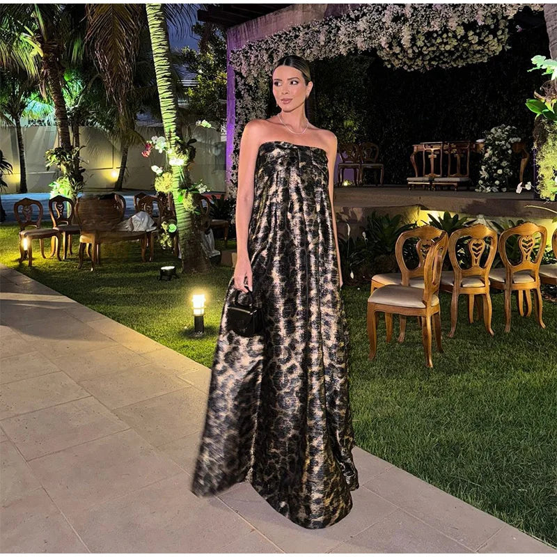 Elegant Leopard Print Strapless Pleated Long Chic Backless Off Shoulder Loose Prom Party Dress