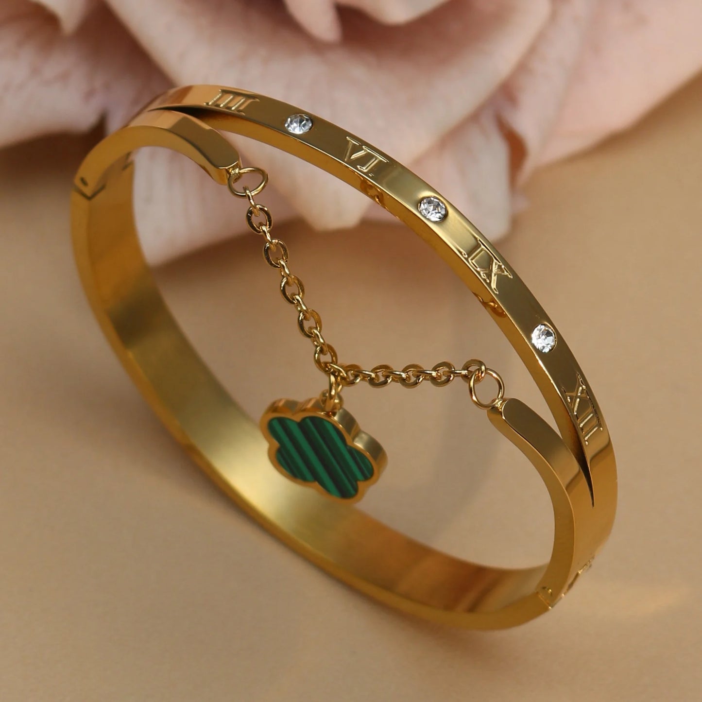 Roman Numeral Crystal Flower Shaped Pendant Stainless Steel Bracelet Bangles