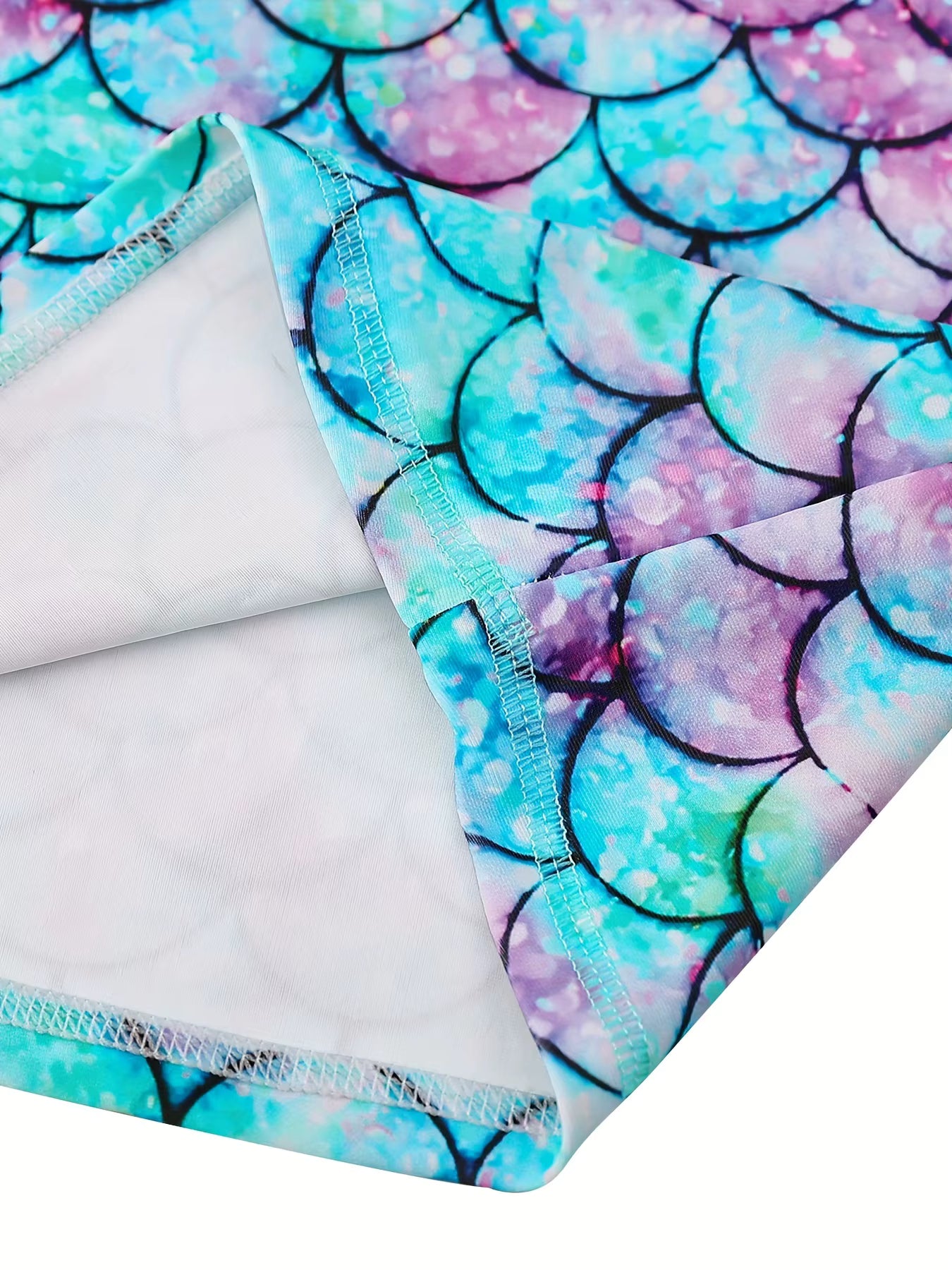 2pcs Kids Girls Mermaid Scale Print Short Sleeve Rash Guard Tops Boyleg Shorts Swimwear Suit