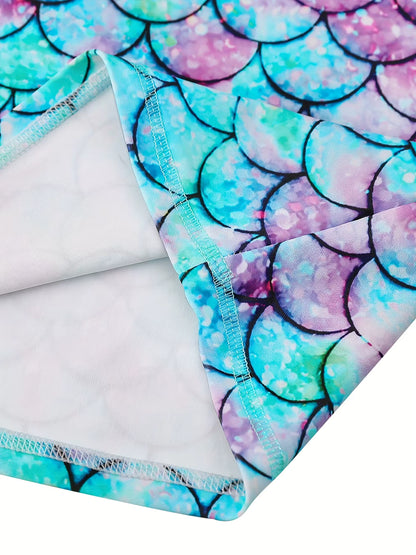 2pcs Kids Girls Mermaid Scale Print Short Sleeve Rash Guard Tops Boyleg Shorts Swimwear Suit