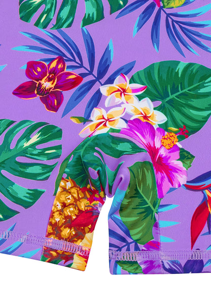 Long-Sleeved Purple Kids Girls One-Piece Tropical Plants Print Boyleg Rash Guard Beach Swimming Suit