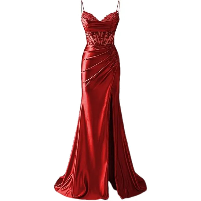 Lace Appliques Satin Prom Women w/ Slit Spaghetti Strap Backless Long Mermaid Evening Formal Dress Gown