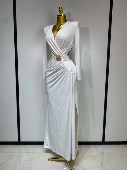 Sexy Long Sleeve V Neck Hollow Out Bodycon Cross Pleated High Split Maxi Club Party Evening Dress
