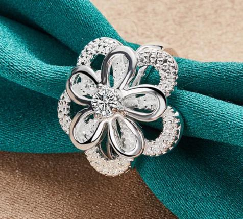 925 Sterling Silver Big Flower Zircon Women Man Fashion Wedding Engagement Party Charm Ring