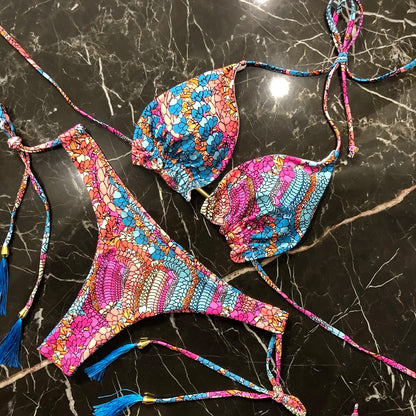 Sexy Floral Print Swimwear String Push Up Swimsuit Beach Bikini Suit