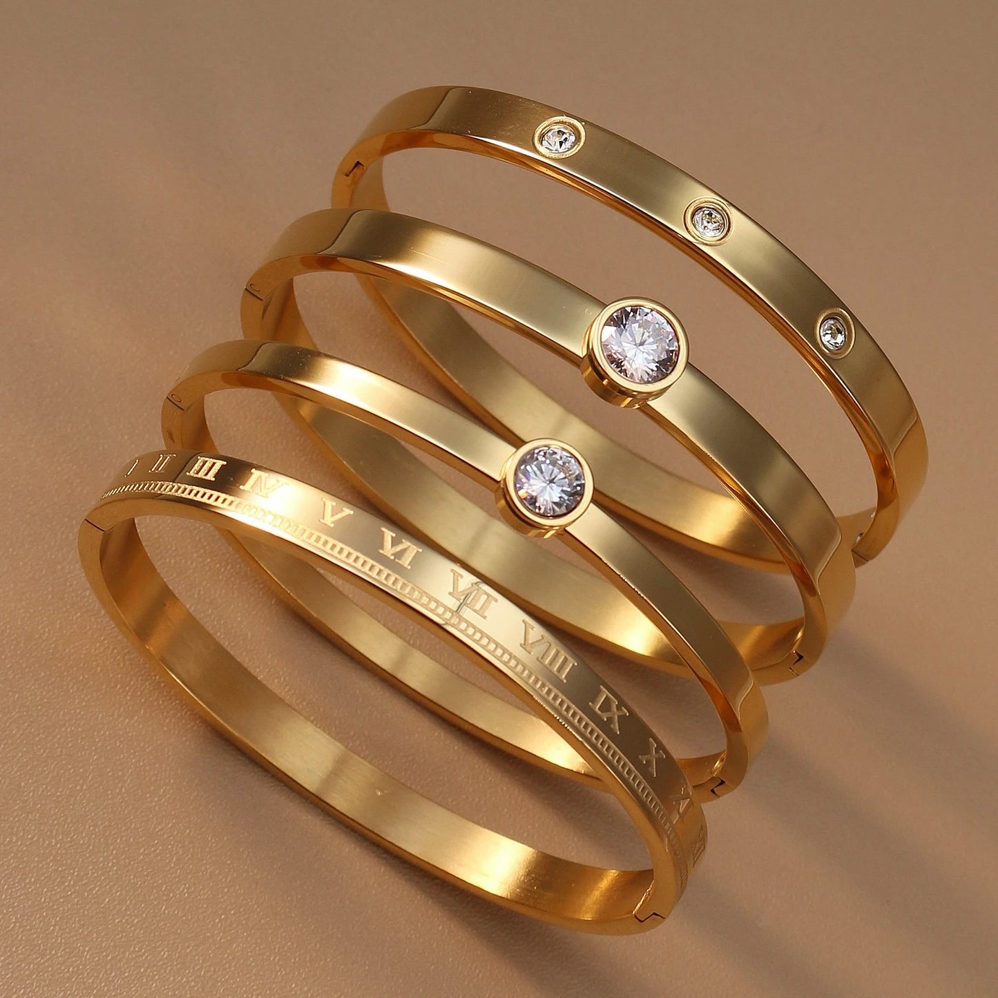 Women Roman Numeral 18k Gold Color Stainless Steel Zircon Bracelet Bangles
