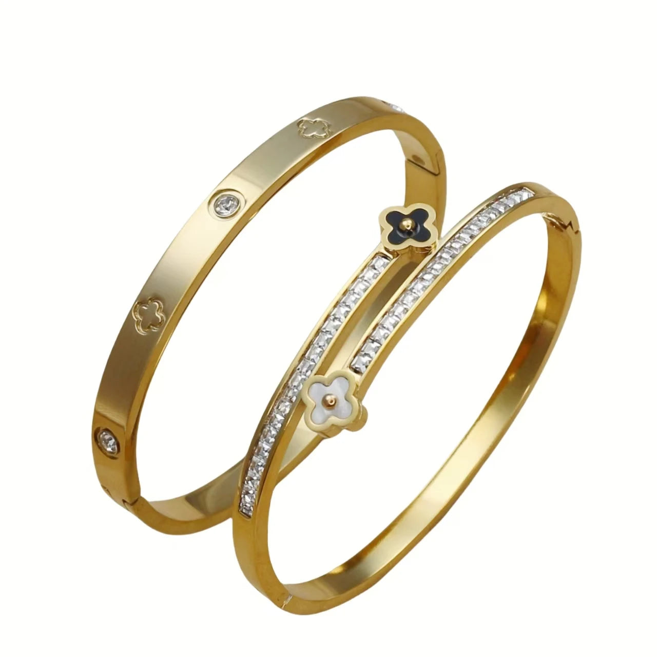 Stainless Steel Bangle Four-leaf Clover Crystal Design Stacking Bracelet Bangle