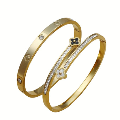 Stainless Steel Bangle Four-leaf Clover Crystal Design Stacking Bracelet Bangle