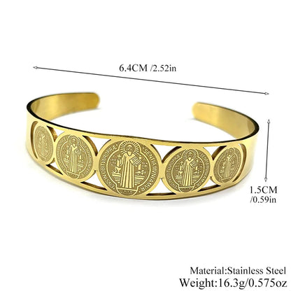 Women Men Stainless Steel Gold Color San Benito Religious Catholic Saint Benedict Adjustable Bracelet