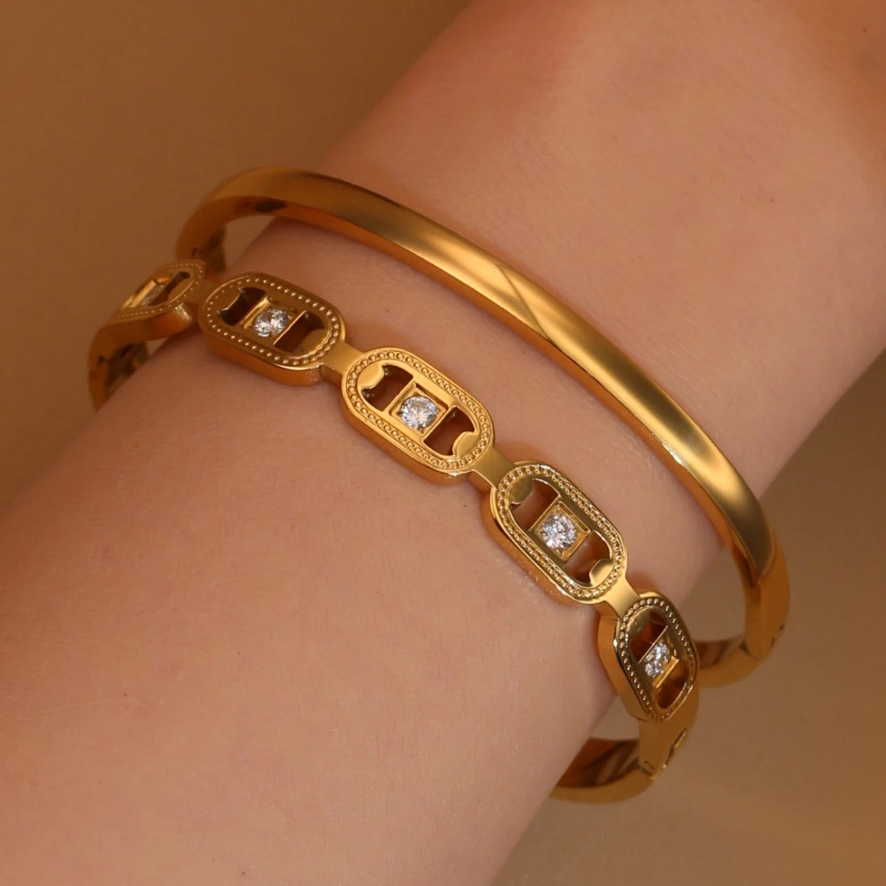 2-in-1 Geometric Zircon Design 18K Gold Plated Stainless Steel Bracelet Bangle