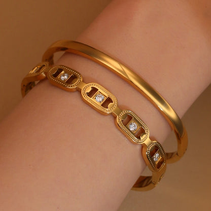 2-in-1 Geometric Zircon Design 18K Gold Plated Stainless Steel Bracelet Bangle
