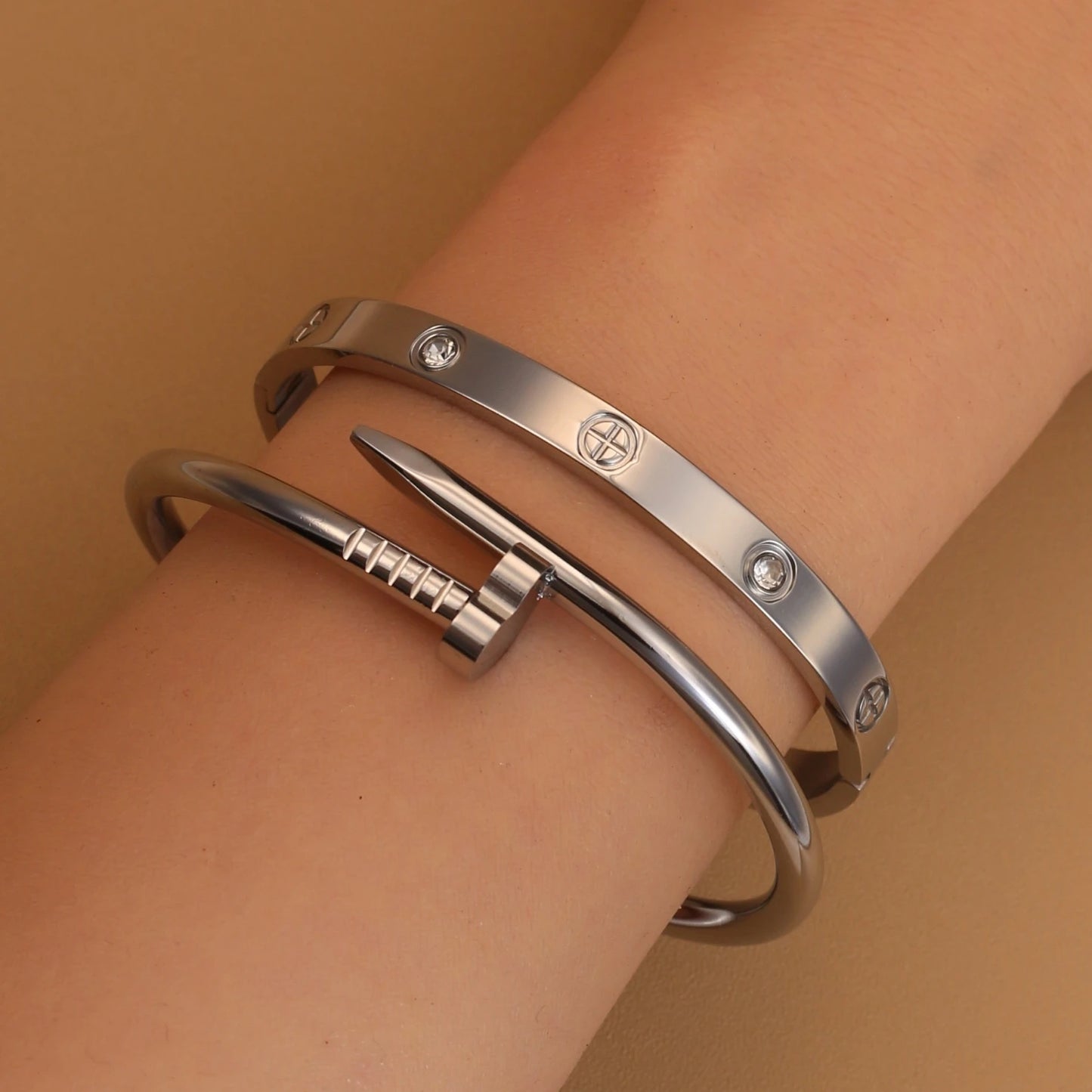 Women Heart Shaped Zircon Stainless Steel Gold Color 2-in-1 Bangles Bracelet Jewelry