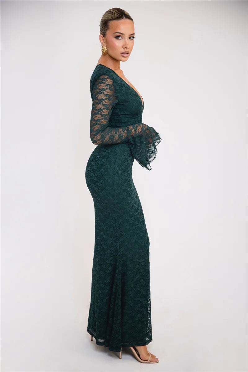 Elegant Lace Long Sleeve Maxi Fashion Deep V Neck Bodycon Party Long Dress