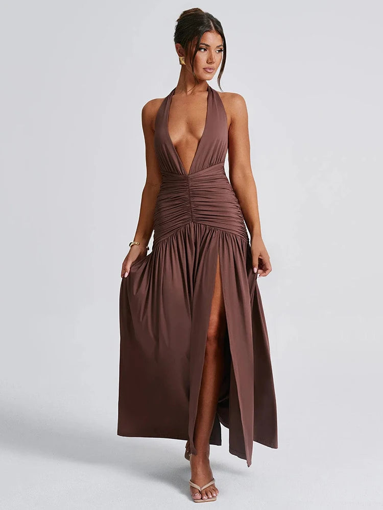 Women Halter Deep V Neck Backless Maxi Fashion Solid Sleeveless Thigh High Split Long Dress