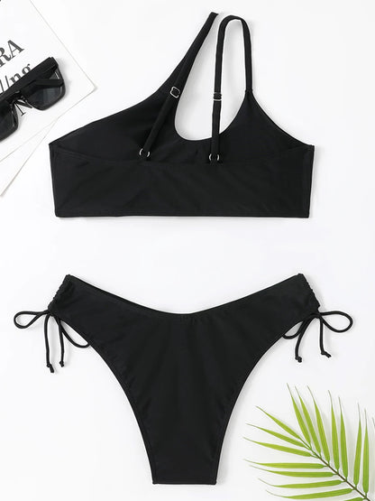 One Shoulder Bikinis Women Cut Out String Swimsuit Solid Sexy Swimwear Bathing Swimsuit