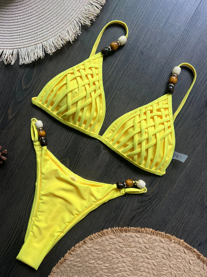 Sexy Women Pearls Strap Hole Out Push Up Bra Thong Swimsuit Brazilian Beach Bathing Micro Bikini Suit
