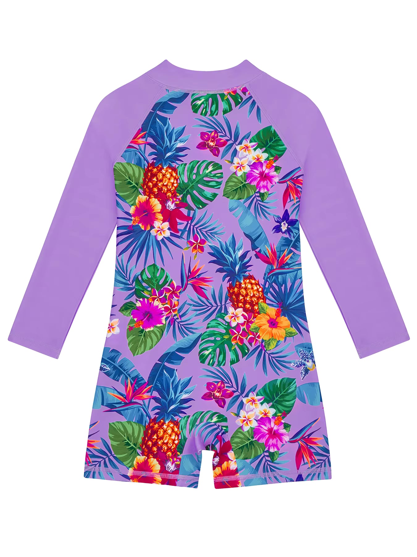 Long-Sleeved Purple Kids Girls One-Piece Tropical Plants Print Boyleg Rash Guard Beach Swimming Suit