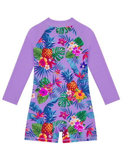 Long-Sleeved Purple Kids Girls One-Piece Tropical Plants Print Boyleg Rash Guard Beach Swimming Suit