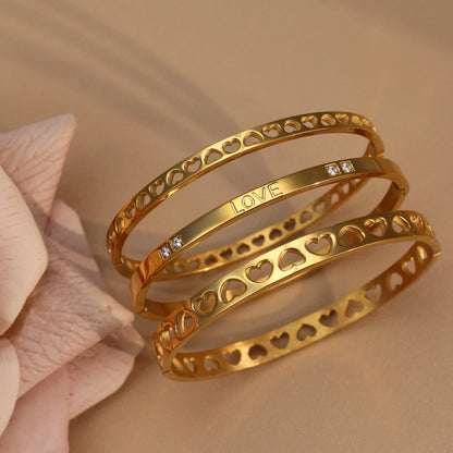 18K Gold-Plated LOVE Stainless Steel Zircon Openwork Bangle Bracelet Women's Jewelry