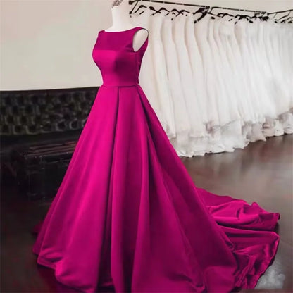 Women's Scoop Neck Sweep Train Prom Backless A-line Satin Long Formal Evening Party Dress w/ Pockets