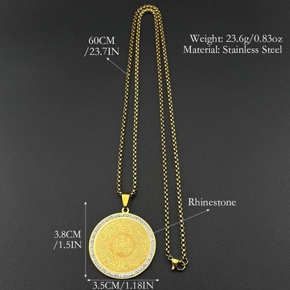Men Women Stainless Steel Gold Color Arabic Letter Islamic Muslim Quran Amulet Rhinestones Pendant Necklace