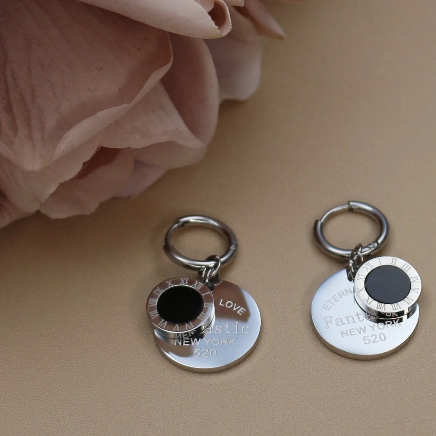 Roman Numeral Medallion Design FOREVER LOVE Stainless Steel Earrings Gift