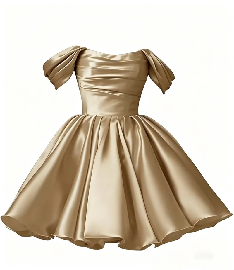 Women Off The Shoulder Satin Homecoming A Line Short Pleated Strapless Prom Evening Dress w/ Pockets