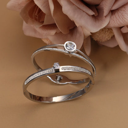 Women Beautiful Stainless Steel 18k Gold Color Bangle Crystal Design Charm Bracelet