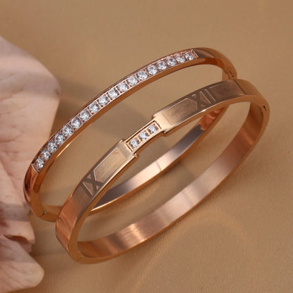 Women Zircon Roman Numeral Stainless Steel Plated 18K Gold Bracelet