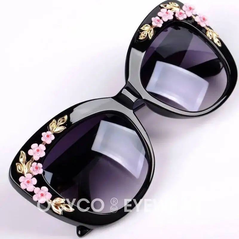 Women Rose Flower Cat Eye Queen Oversize Vintage Designer Sunglasses