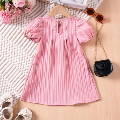 Kids Girl Solid Color Bubble Sleeve Cute Bow Party Birthday Outing Dress