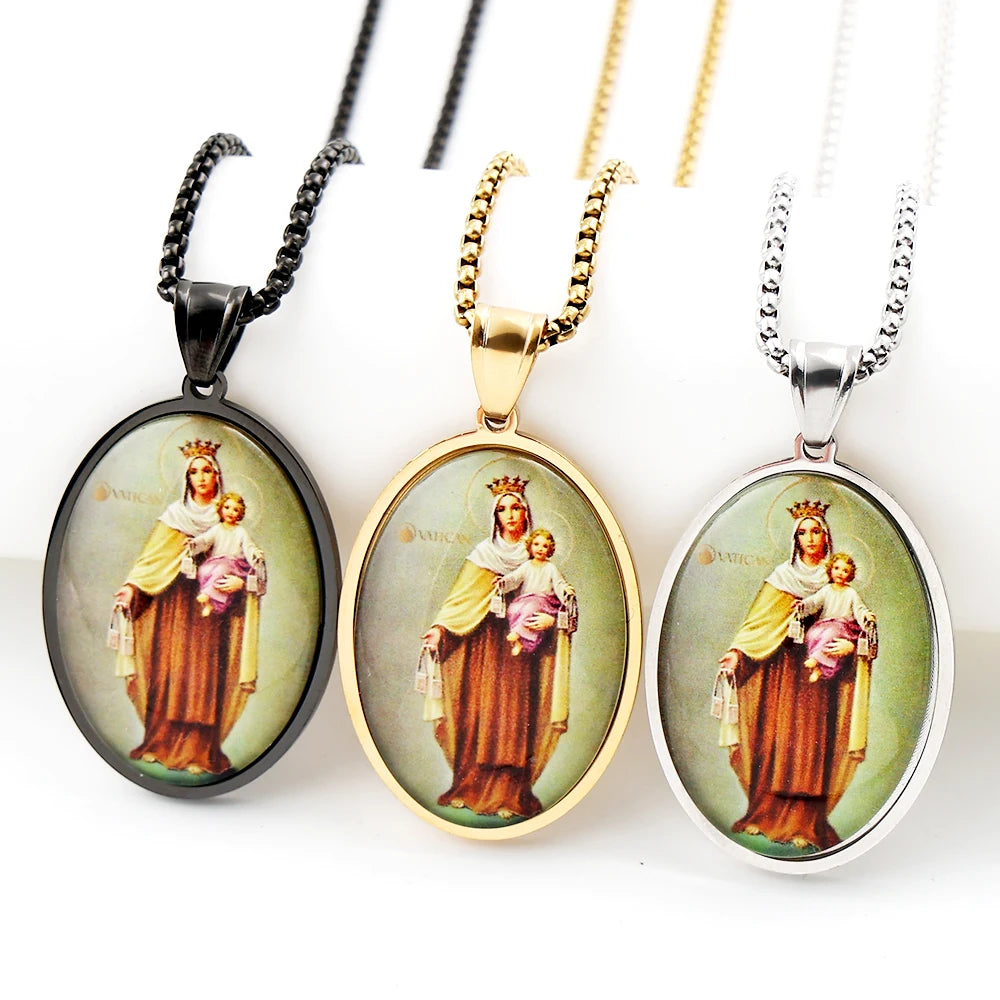 Women Men Stainless Steel Gold Color Catholic Amulet Virgin Mary Hold Baby Jesus Glass Medal Pendant Necklace