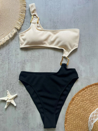Women Splicing Asymmetric One Shoulder Piece Swimsuit Metal Ring High Cut Bather Bathing Suit