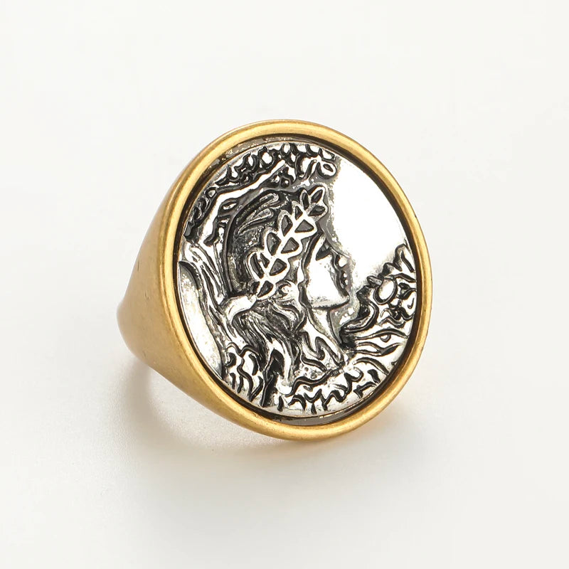 Women Romantic Antique Cameo Head Vintage Round Wedding Rings