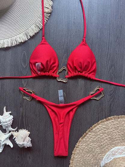 Women Bikini Solid Color Lace-up Split Two-piece Swimsuit Swimwear Suit