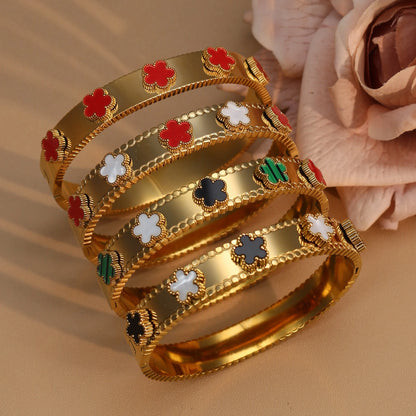 Women Acrylic Flower Shape Stainless Steel 18k Gold Color Bracelet Bangles