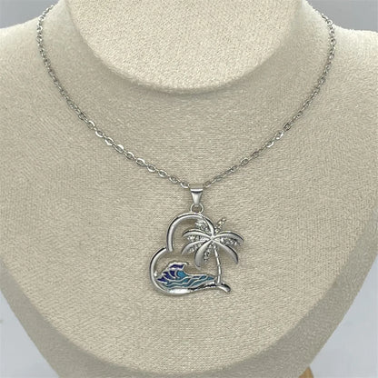 Women Creative Heart Shaped Wave Coconut Tree Pendant Necklace