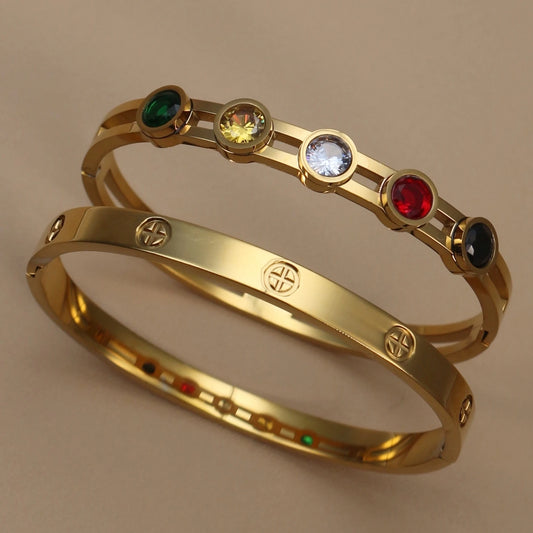 Vintage Stainless Steel Crystal Gold Color Women's Wedding Bracelet Bangle Jewelry