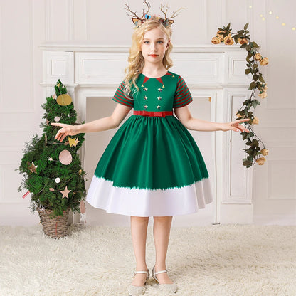 Girls Kids New Year Party Santa Claus Snowman Print Cosplay Costume Xmas Princess Theme Party Dress