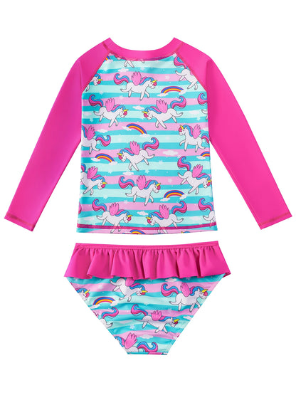 2pcs Kids Girls Long Sleeve Cartoon Horse Rainbow Print Beach Tops & Swim Briefs Swimsuit