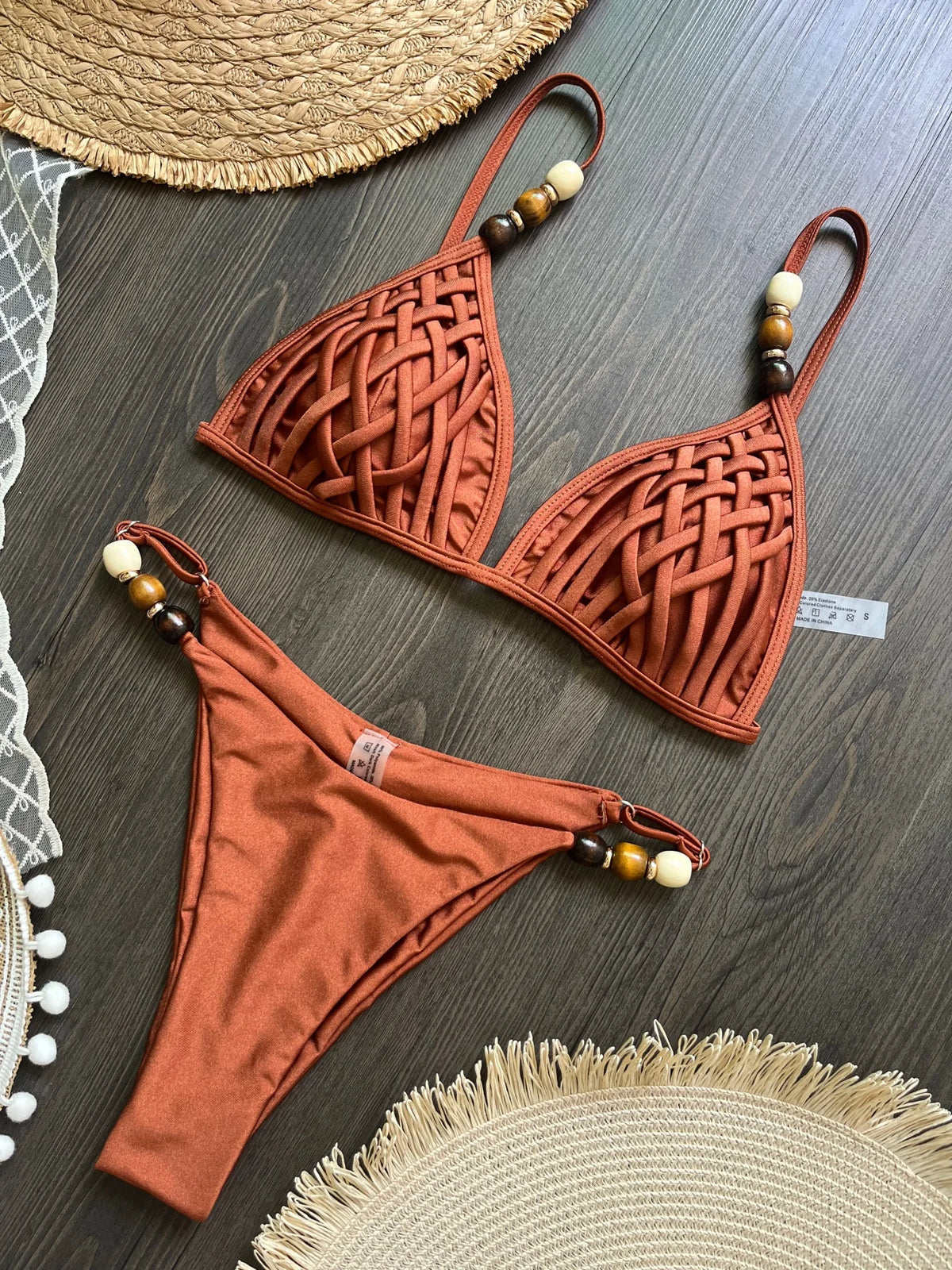 Sexy Women Pearls Strap Hole Out Push Up Bra Thong Swimsuit Brazilian Beach Bathing Micro Bikini Suit