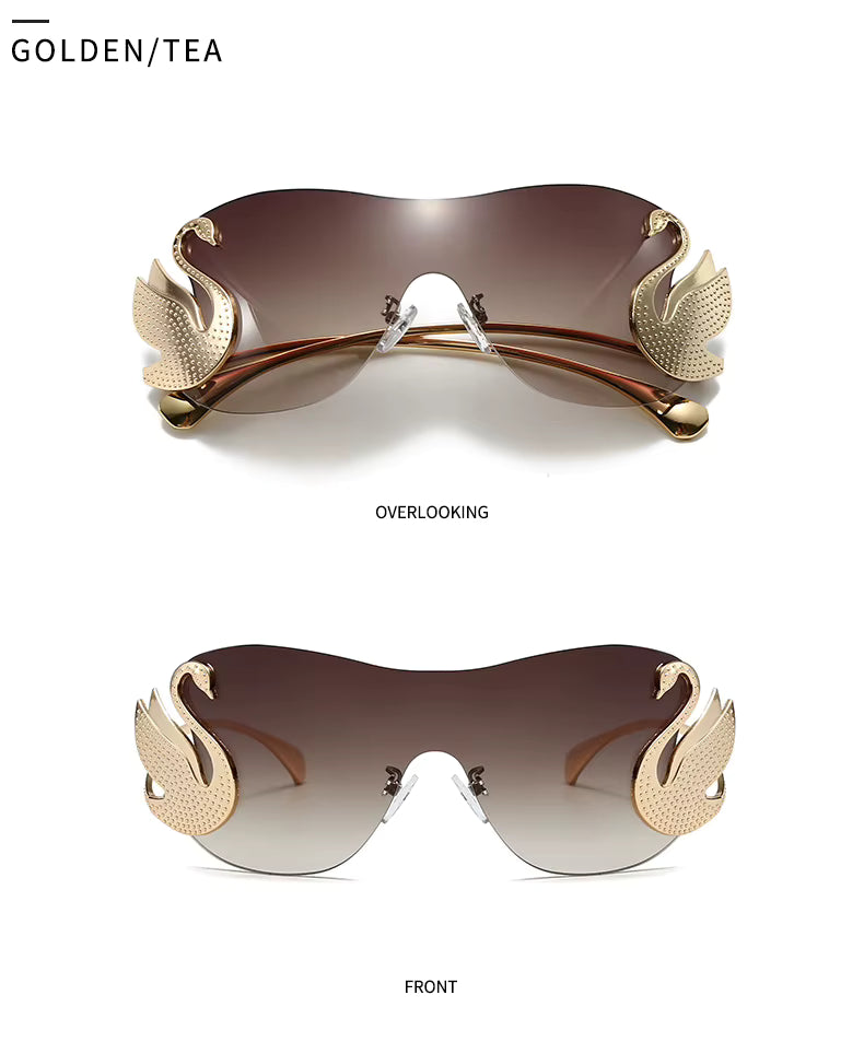 Y2k Women Fashion Swan Inlay Gradient Lens Shades Oversized Rimless Sunglasses Glasses