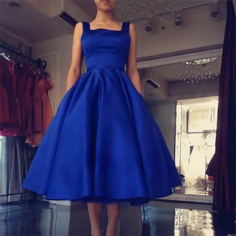 Women's Square Neck Satin Prom Bow A Line Backless Tea Length Formal Evening Party Dress w/ Pockets