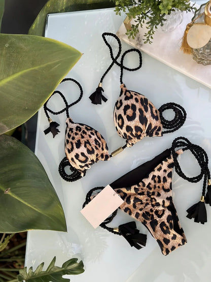 Sexy Leopard Print Women's Split Bikini Woven Rope Strap Fringe Two-Piece Swimsuit Bathing Suit