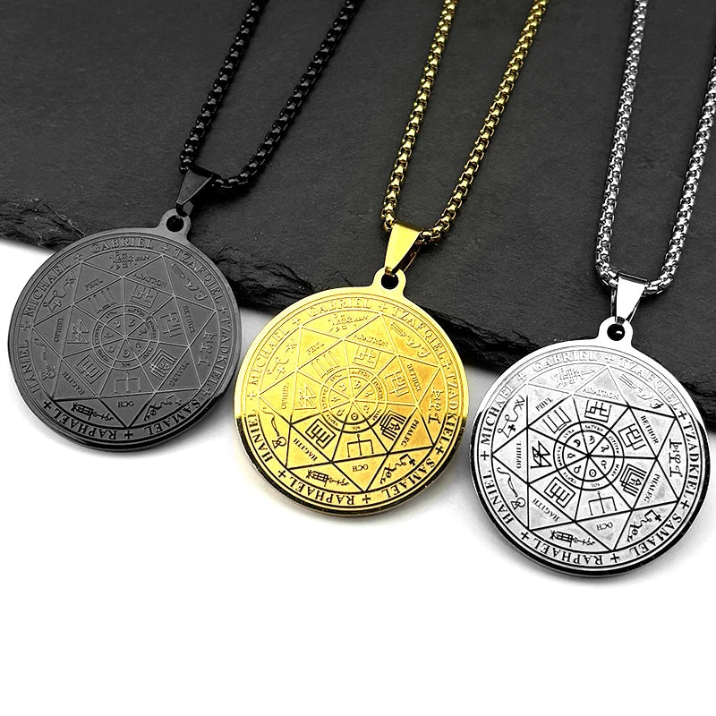 Women Men Stainless Steel Seal of Solomon Christian Amulet Seven Archangels Sigil Medal Angel Pendant Necklace