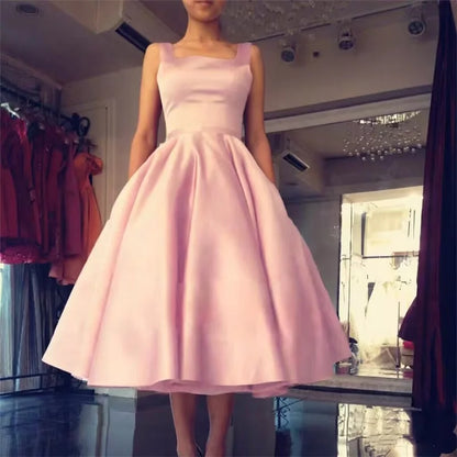 Women's Square Neck Satin Prom Bow A Line Backless Tea Length Formal Evening Party Dress w/ Pockets