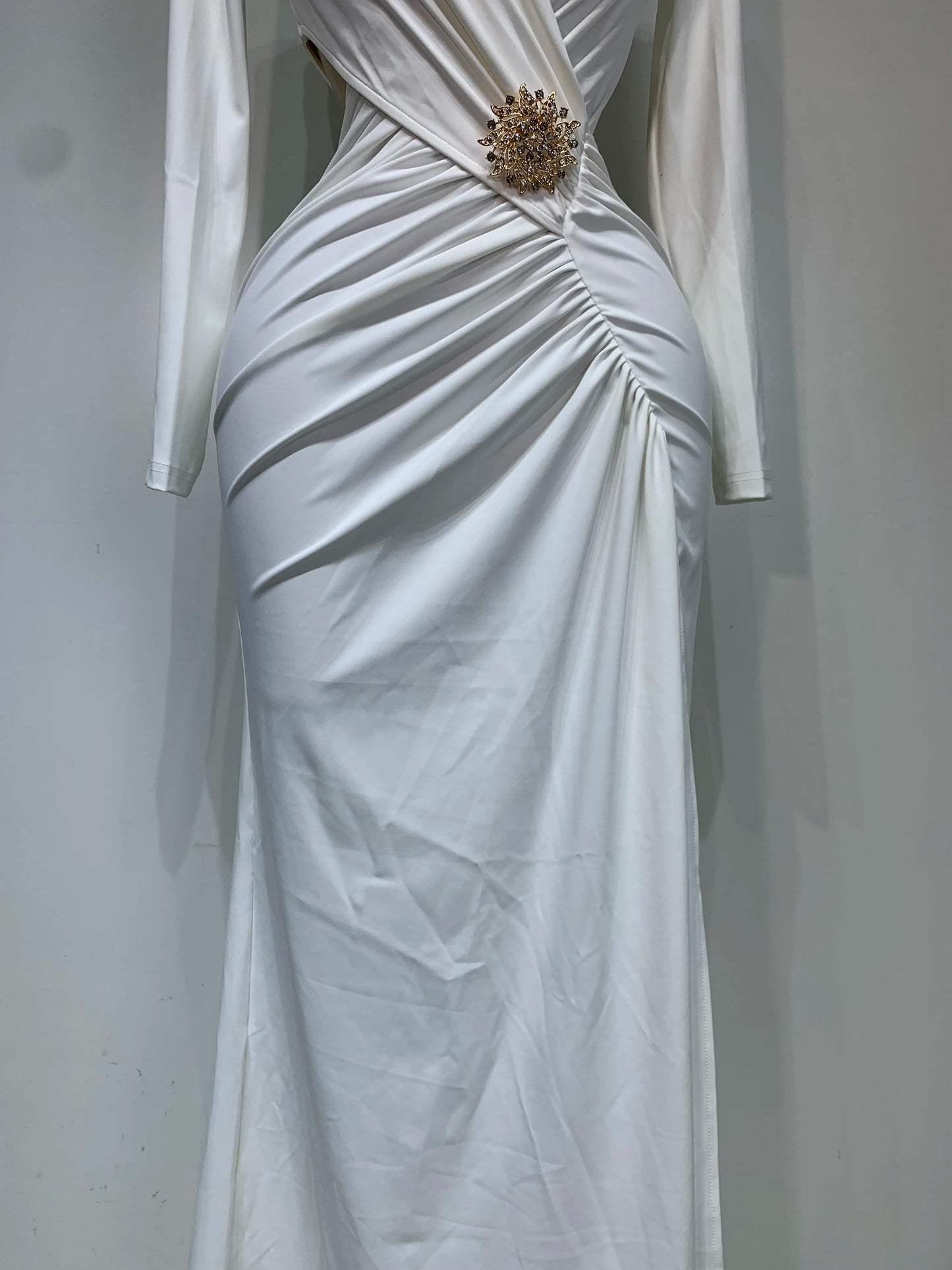 Sexy Long Sleeve V Neck Hollow Out Bodycon Cross Pleated High Split Maxi Club Party Evening Dress